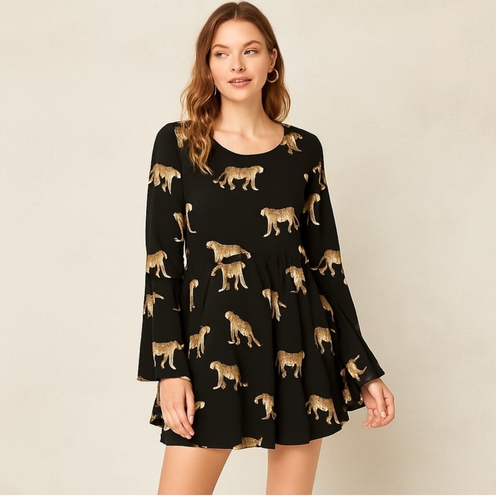 Buddy Love Black Tan Cheetah Print Boho Peasant Sleeve Tie Back Long Dress S